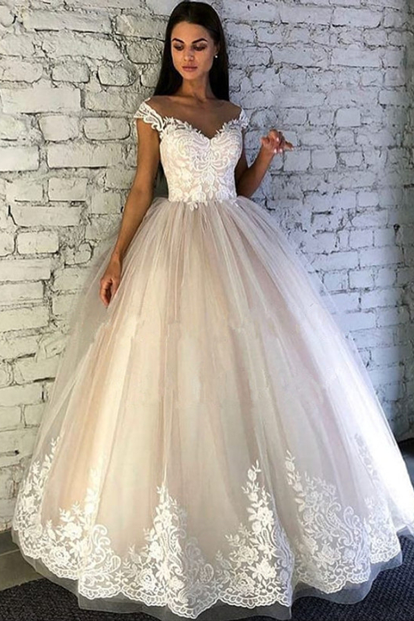 Gorgeous Cap Sleeve Crew Neck Tulle Lace Bridal Wedding Dress