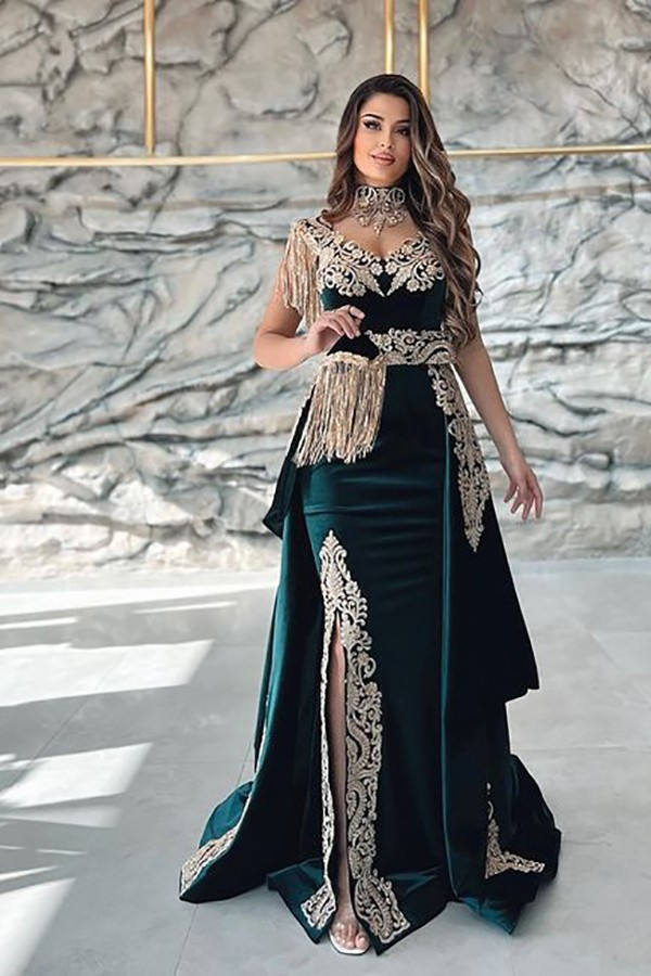 Gorgeous Dark Green Velvet Prom Dress Gold Appliques Evening Dress with Side Split