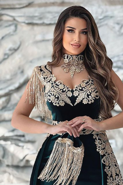Gorgeous Dark Green Velvet Prom Dress Gold Appliques Evening Dress with Side Split