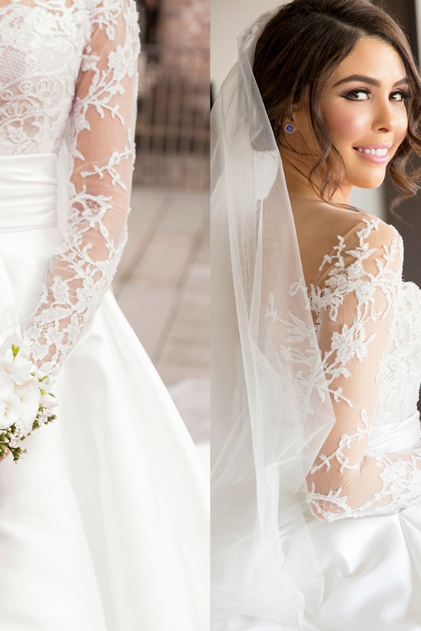 Gorgeous Front Split Lace Wedding Dress Illusion Back with Detachable Satin Train