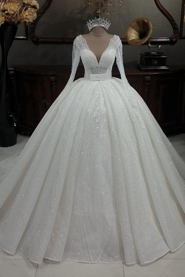 Gorgeous Glitter Sequins V-Neck A-Line Wedding Gown with Sleeves