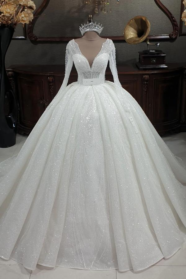 Gorgeous Glitter Sequins V-Neck A-Line Wedding Gown with Sleeves