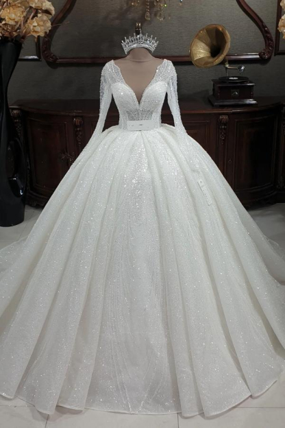 Gorgeous Glitter Sequins V-Neck A-Line Wedding Gown with Sleeves