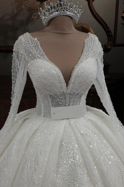 Gorgeous Glitter Sequins V-Neck A-Line Wedding Gown with Sleeves