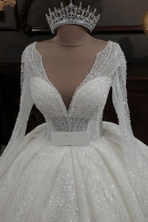 Gorgeous Glitter Sequins V-Neck A-Line Wedding Gown with Sleeves