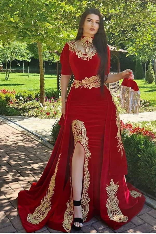 Gorgeous Half Sleeves Red Velvet Mermaid Evening Gown with Gold Appliques 