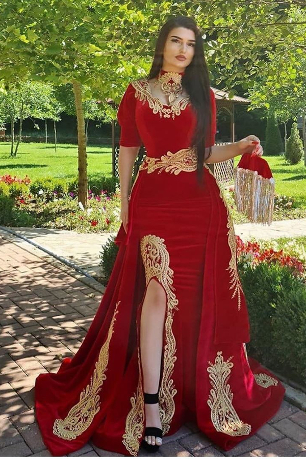 Gorgeous Half Sleeves Red Velvet Mermaid Evening Gown with Gold Appliques