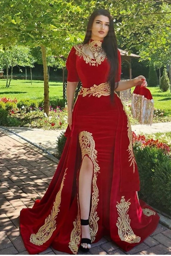 Gorgeous Half Sleeves Red Velvet Mermaid Evening Gown with Gold Appliques