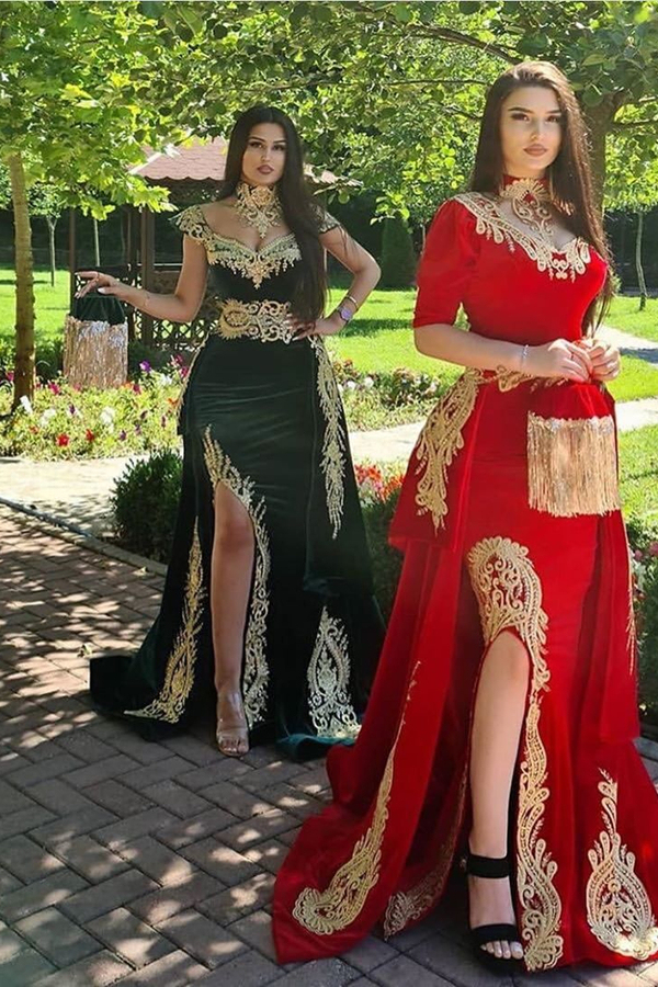 Gorgeous Half Sleeves Red Velvet Mermaid Evening Gown with Gold Appliques