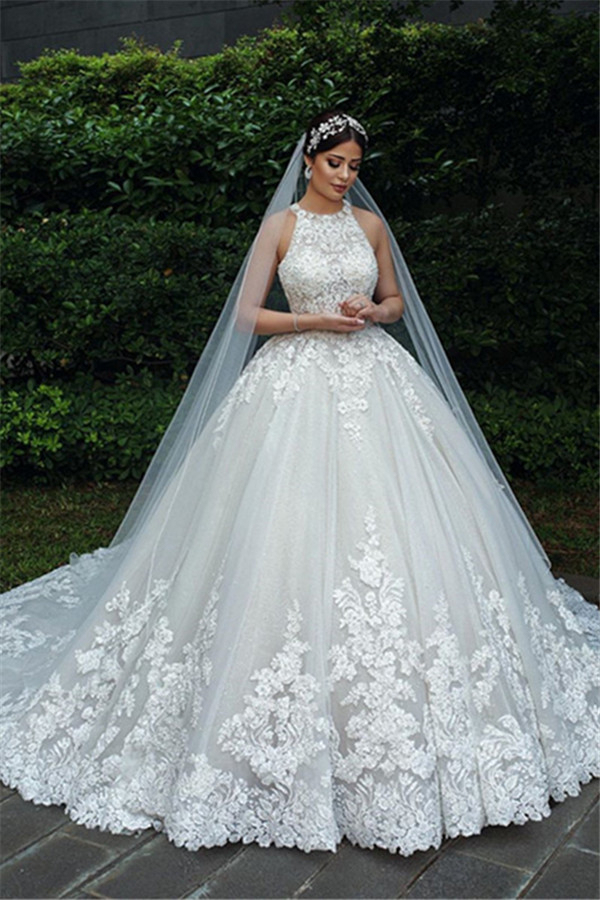 Gorgeous Halter Lace Applique Ball Gown Wedding Dress