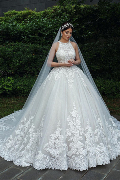 Gorgeous Halter Lace Applique Ball Gown Wedding Dress