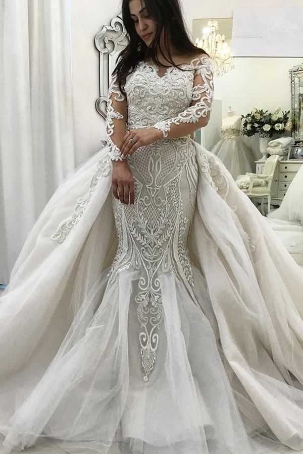 Gorgeous Long Sleeve Ruffles Lace Mermaid Wedding Gown with Detachable Train 