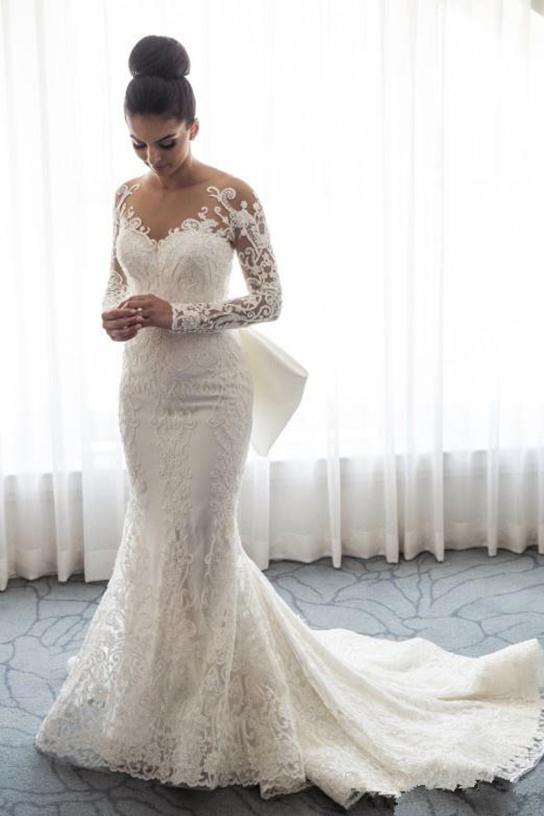 Gorgeous Mermaid Lace Wedding Dress with Bowknot Long Sleeves White Bridal Gown Detachable Sweep Train
