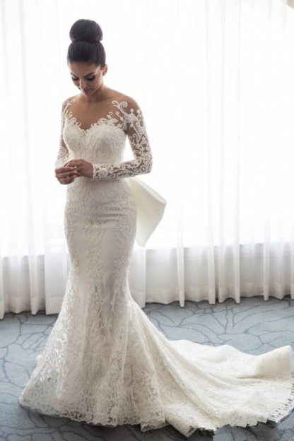 Gorgeous Mermaid Lace Wedding Dress with Bowknot Long Sleeves White Bridal Gown Detachable Sweep Train
