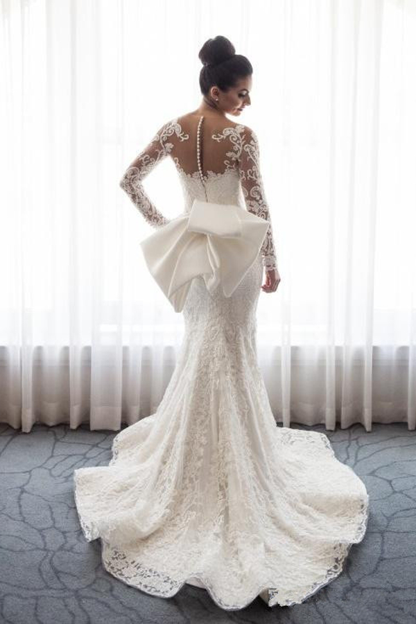 Gorgeous Mermaid Lace Wedding Dress with Bowknot Long Sleeves White Bridal Gown Detachable Sweep Train