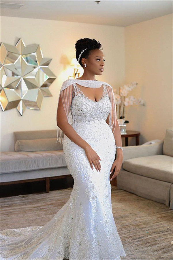 Gorgeous Off-Shoulder Beaded Mermaid Wedding Dress with Appliques