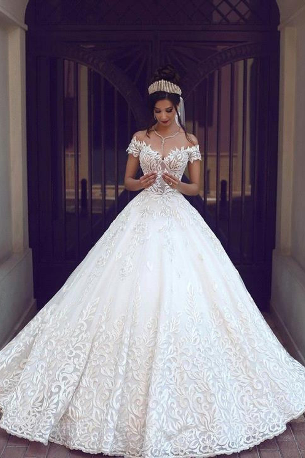 Gorgeous Off-Shoulder Lace Long Wedding Dress Short Sleeves