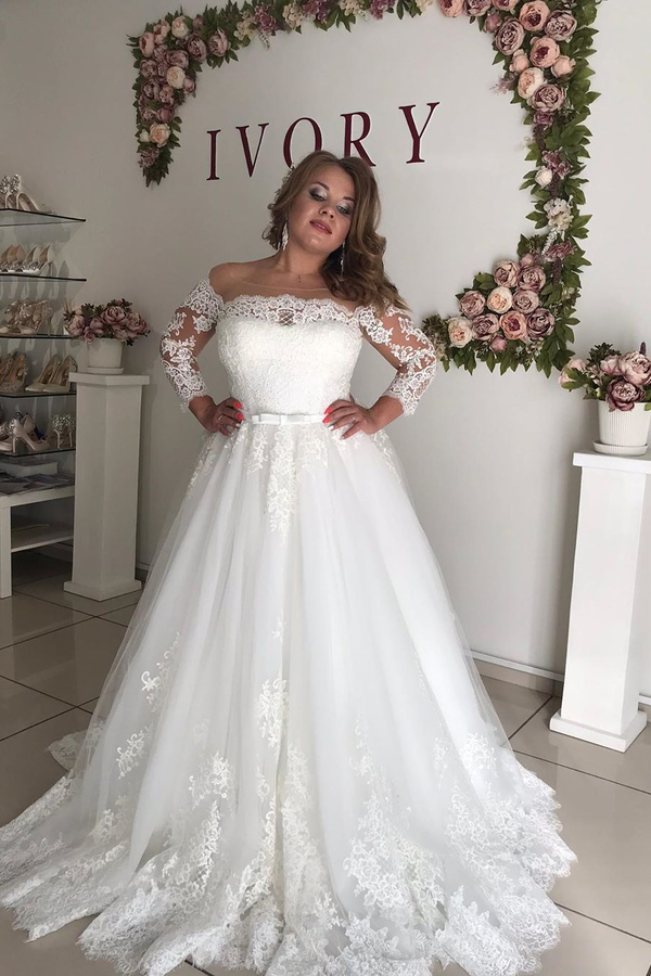 Gorgeous Off-the-shoulder Long Sleeves Lace Princess Plus Size Wedding Dress