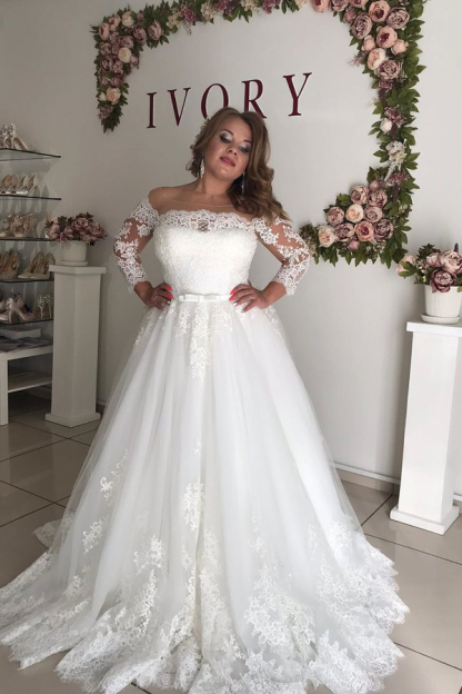 Gorgeous Off-the-shoulder Long Sleeves Lace Princess Plus Size Wedding Dress