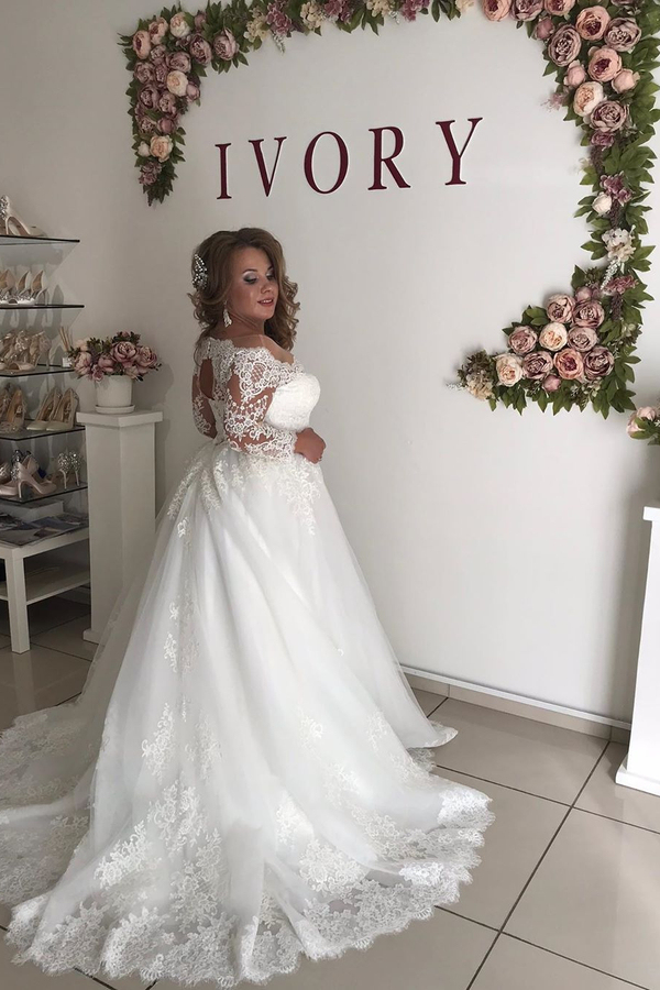Gorgeous Off-the-shoulder Long Sleeves Lace Princess Plus Size Wedding Dress