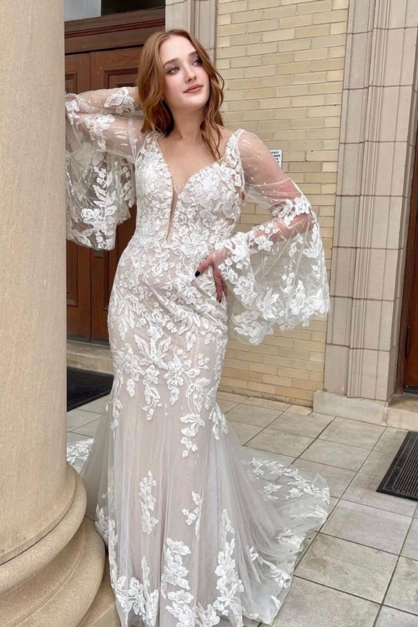 Gorgeous White Ruffle Sleeve Tulle Lace Applique Mermaid Wedding Dress