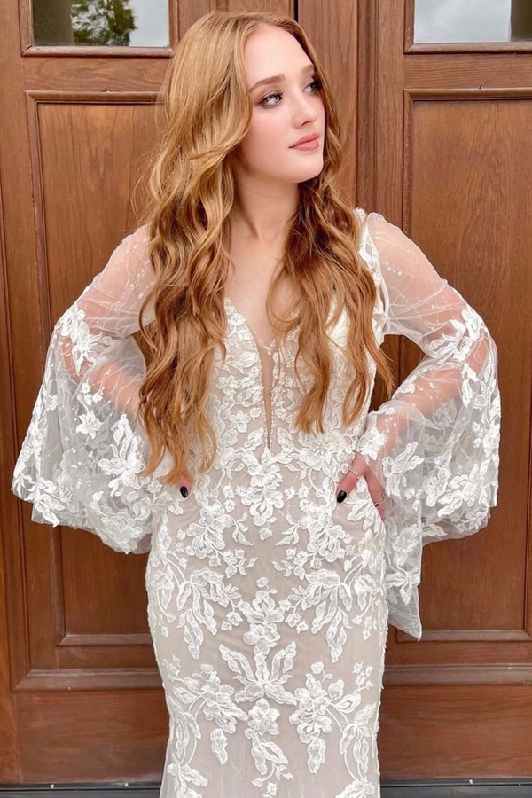 Gorgeous White Ruffle Sleeve Tulle Lace Applique Mermaid Wedding Dress
