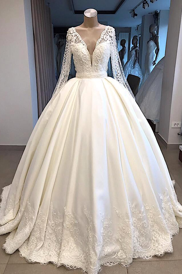 Graceful V-Neck Long Sleeve Lace Applique Beaded Bridal Dress