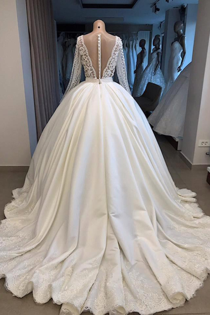Graceful V-Neck Long Sleeve Lace Applique Beaded Bridal Dress