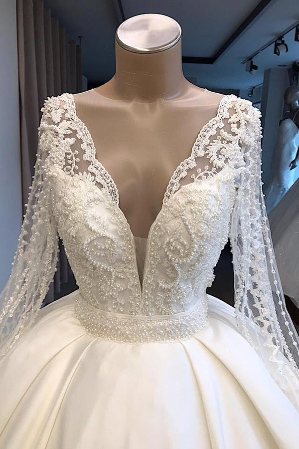 Graceful V-Neck Long Sleeve Lace Applique Beaded Bridal Dress