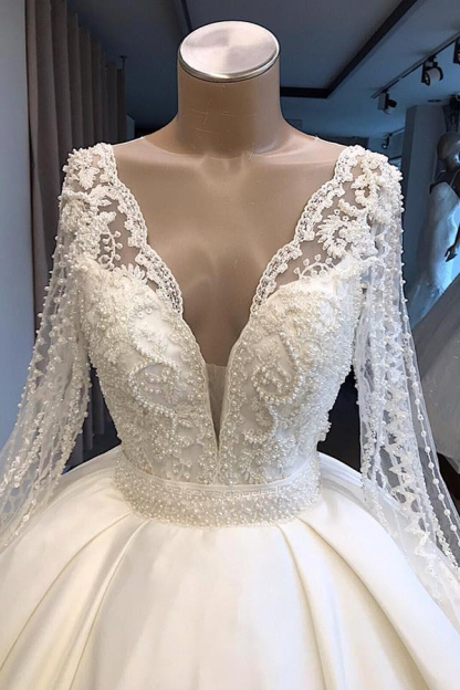 Graceful V-Neck Long Sleeve Lace Applique Beaded Bridal Dress