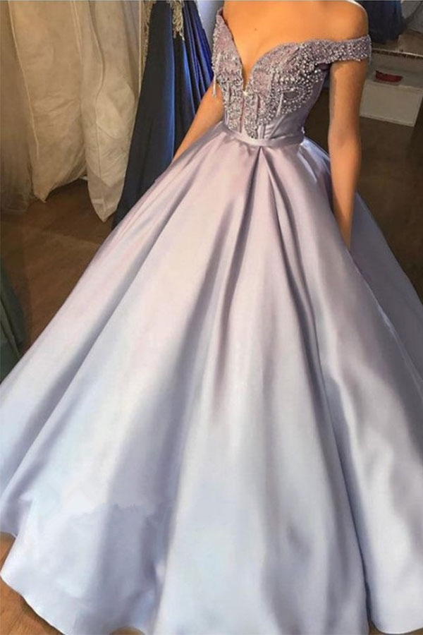 Gray Off-Shoulder Beaded Sweetheart A-Line Applique Prom Dress