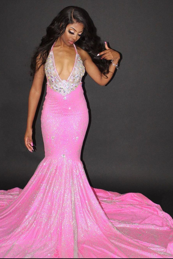 Halter Backless Mermaid Evening Gown Glitter Pink Prom Dress