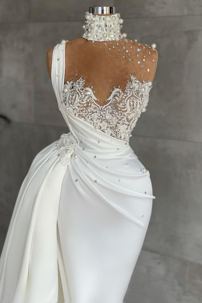 Halter Crystals Pearls White Mermaid Wedding Party Gown with Cape