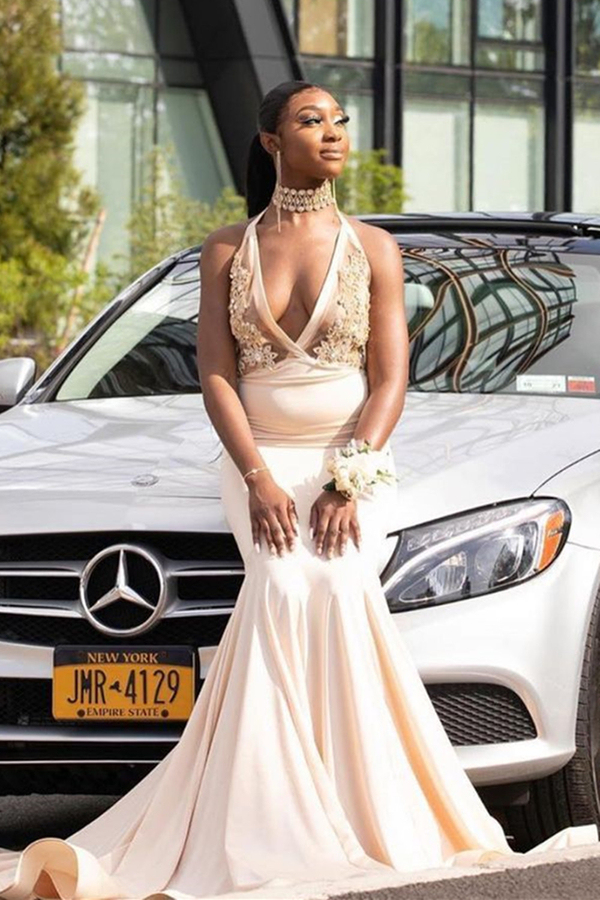 Halter Deep V-Neck Mermaid Evening Dress Appliqués Prom Dress Long