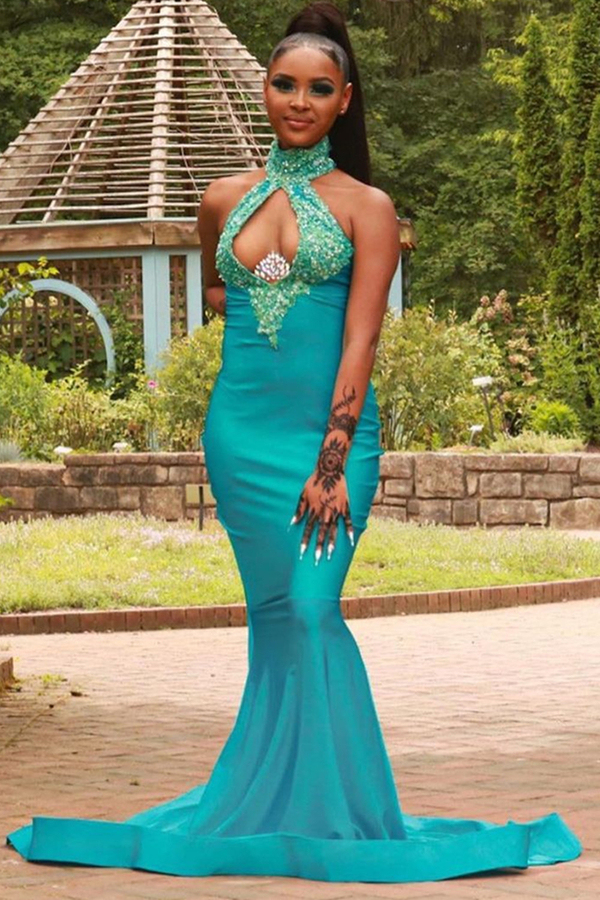 Halter Mermaid Long Evening Dress Sleeveless Sequins Party Wear Dress