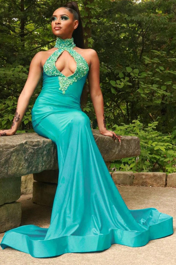 Halter Mermaid Long Evening Dress Sleeveless Sequins Party Wear Dress