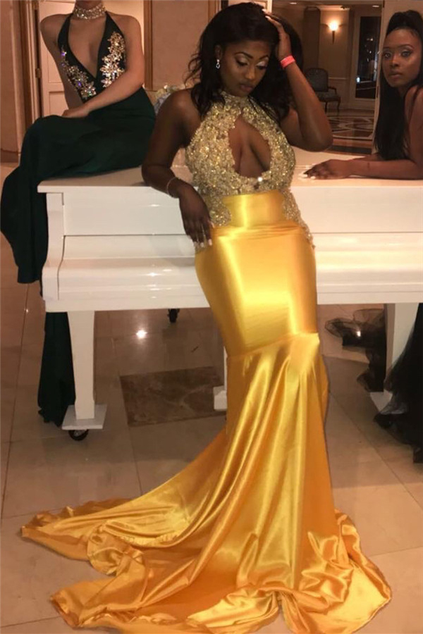 Halter Open Back Keyhole Gold Prom Dress | Mermaid Sleeveless Beaded Appliqué Evening Gown