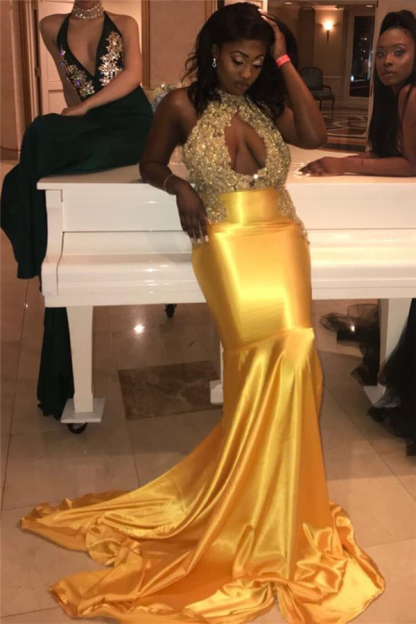 Halter Open Back Keyhole Gold Prom Dress | Mermaid Sleeveless Beaded Appliqué Evening Gown
