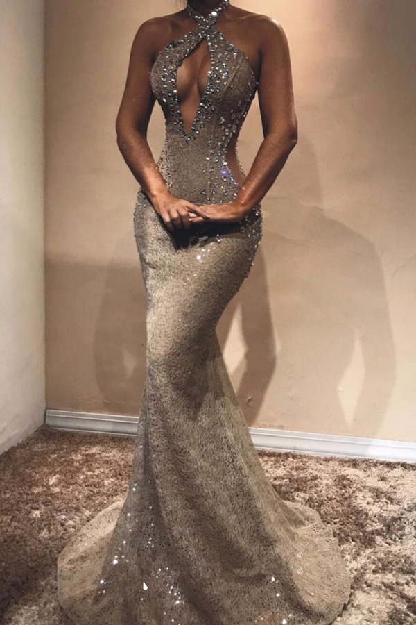 Halter Open Back Mermaid Evening Gown | Sexy Shiny Beaded Crystal Illusion Prom Dress