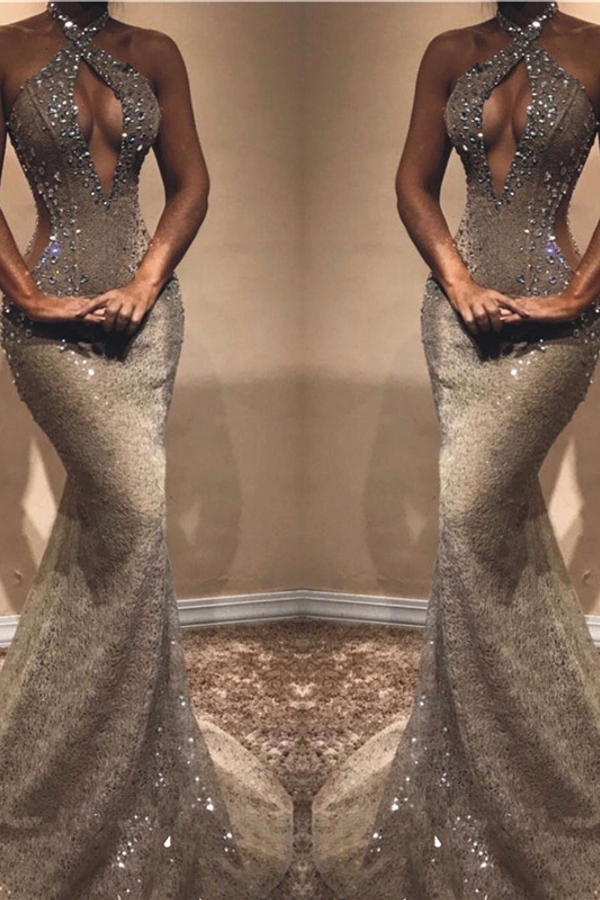 Halter Open Back Mermaid Evening Gown | Sexy Shiny Beaded Crystal Illusion Prom Dress