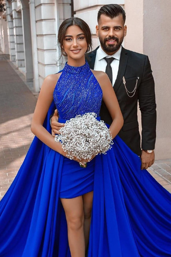 Halter Royal Blue Evening Party Dress Cape with Sweep Train
