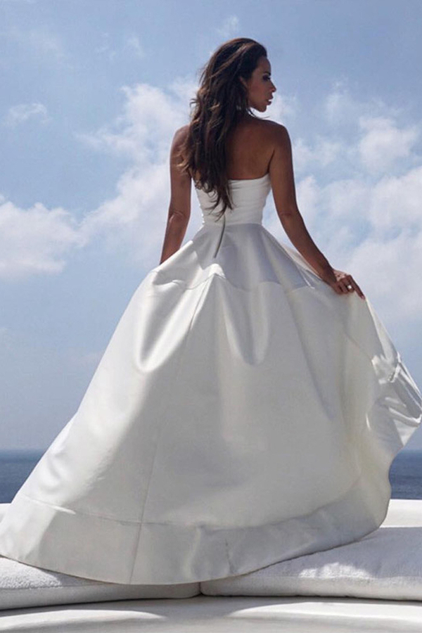 Halter Satin A-Line V-Neck Hi-Lo Beach Wedding Dress