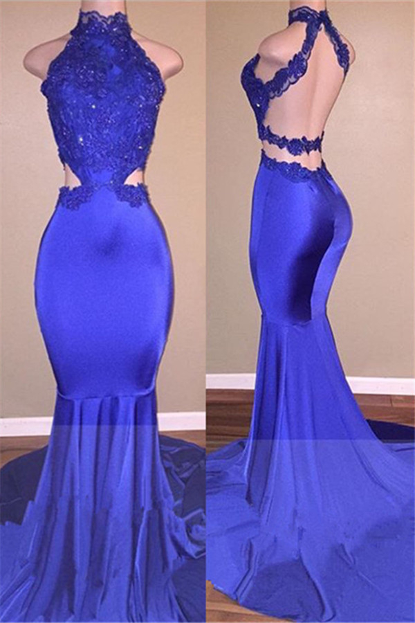 Halter V-Neck Mermaid Evening Dress | Open Back Blue Prom Dress 