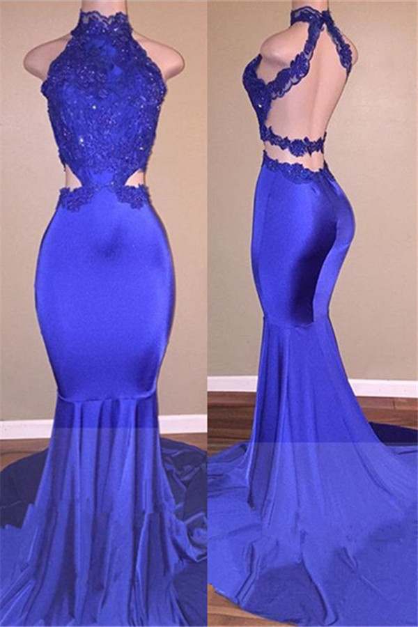 Halter V-Neck Mermaid Evening Dress | Open Back Blue Prom Dress