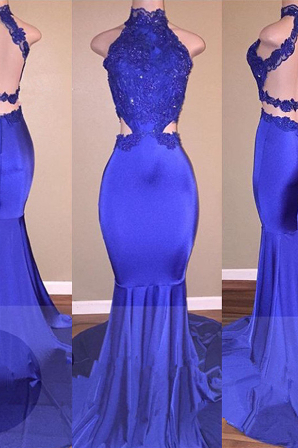 Halter V-Neck Mermaid Evening Dress | Open Back Blue Prom Dress