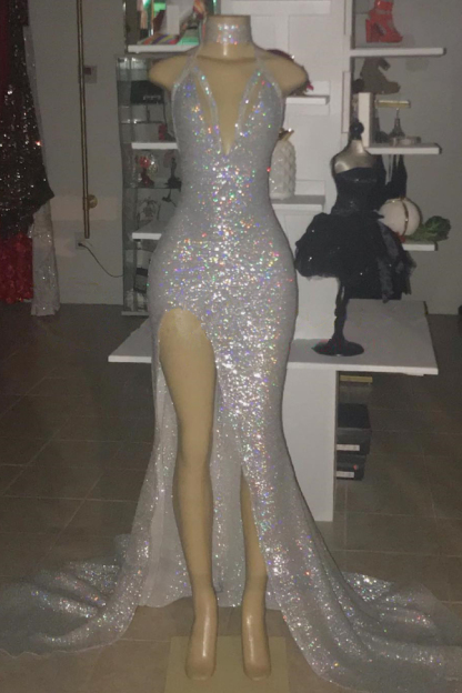 Halter V-Neck Silver Sequin Prom Dress with Slit