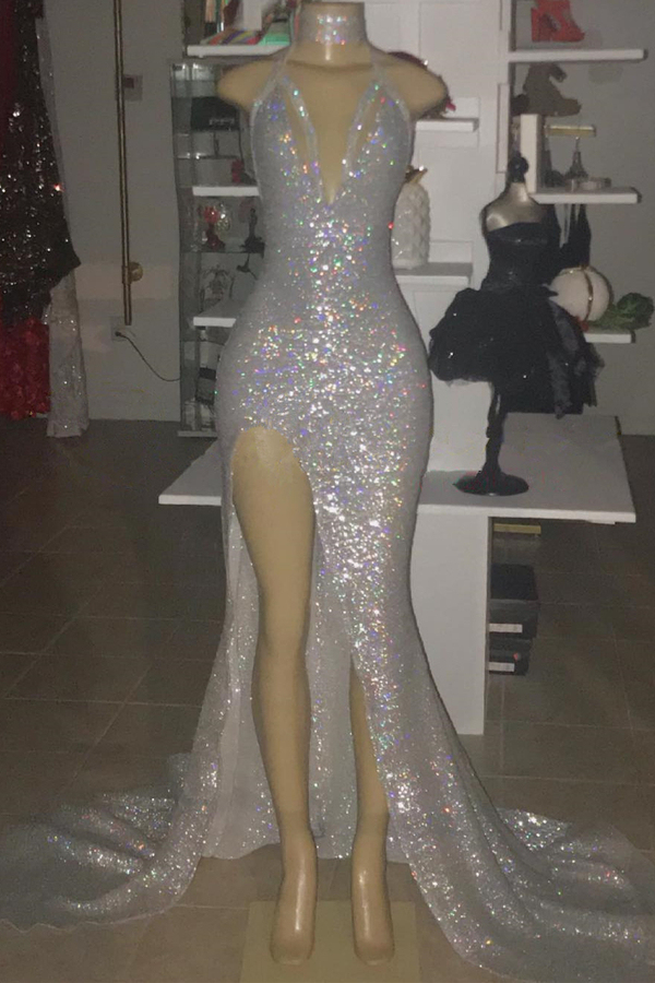 Halter V-Neck Silver Sequin Prom Dress with Slit