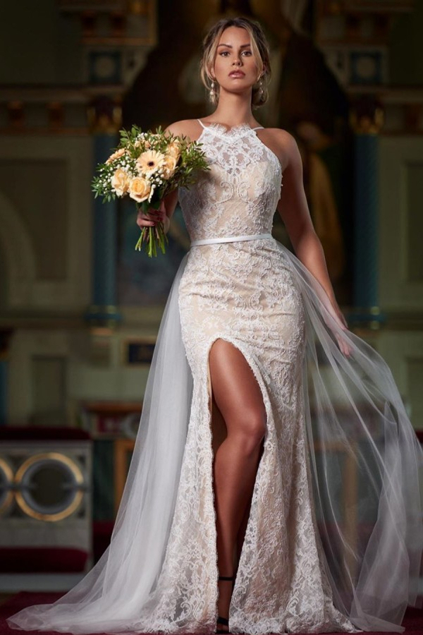 Halter White Lace Mermaid Wedding Party Dress with Side Slit Tulle Train