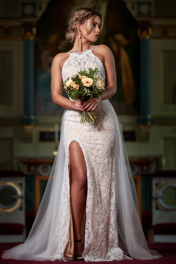 Halter White Lace Mermaid Wedding Party Dress with Side Slit Tulle Train