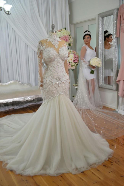 High Neck Beaded Appliques Mermaid Wedding Dress with Sheer Tulle Long Sleeves